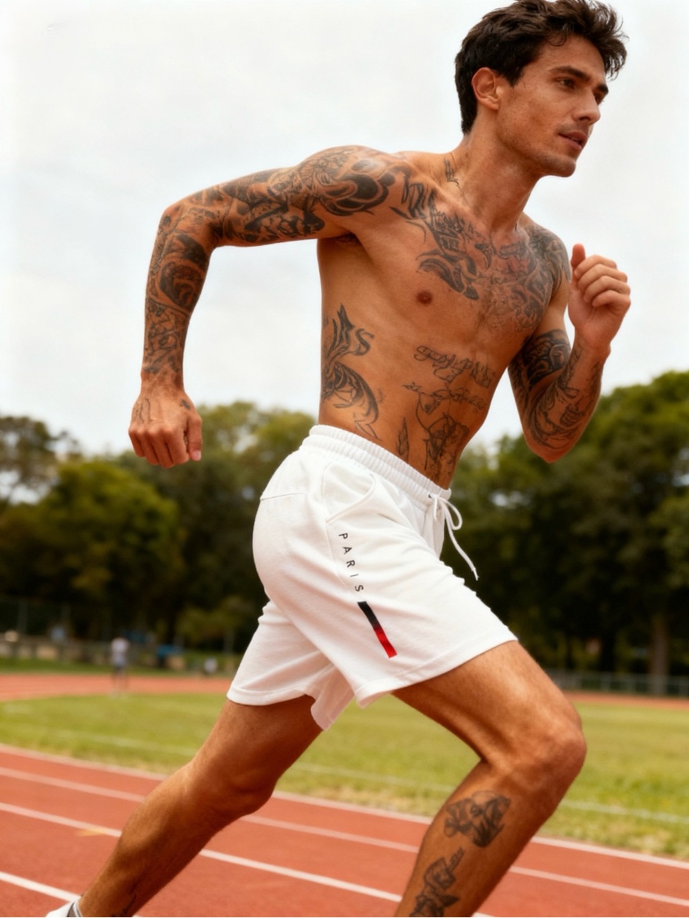 Men's White Athletic Drawstring Shorts with Paris Accent